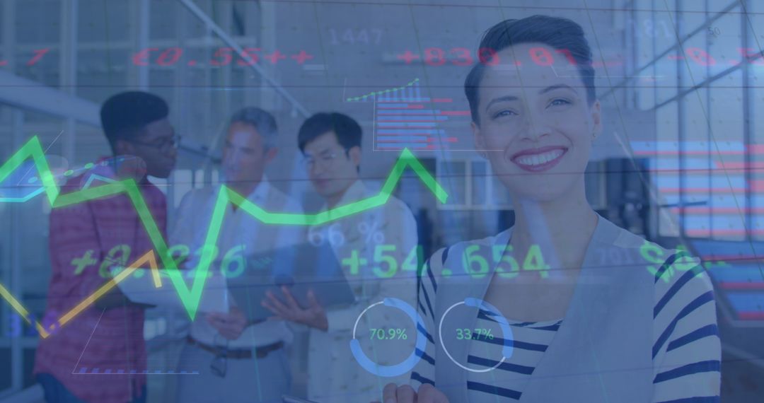 Smiling Businesswoman Analyzing Financial Data in Office Overlay