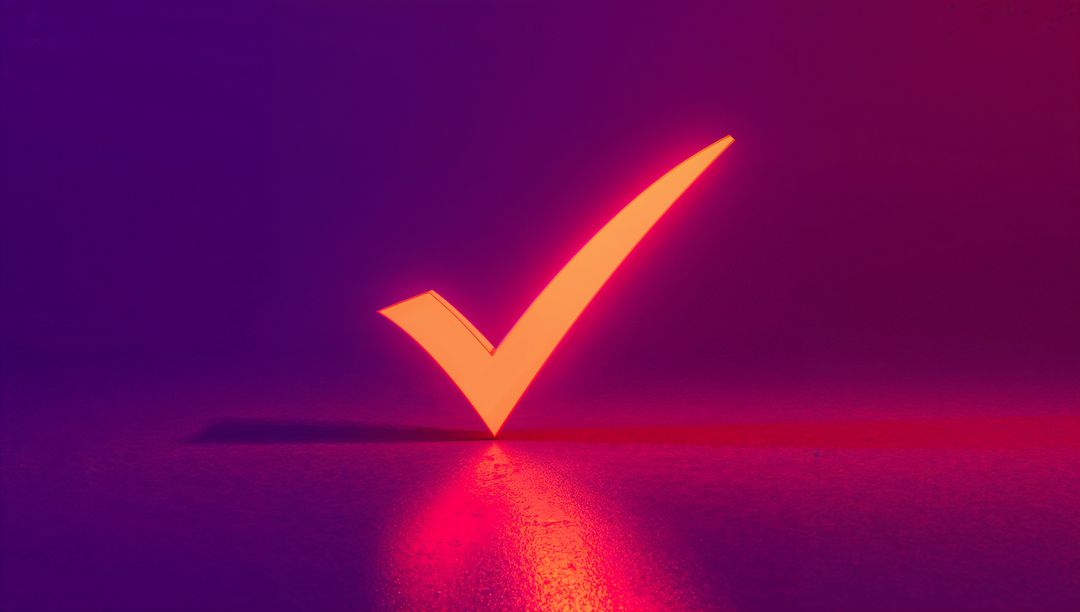 Neon Checkmark Icon Reflecting on Surface in Futuristic Studio