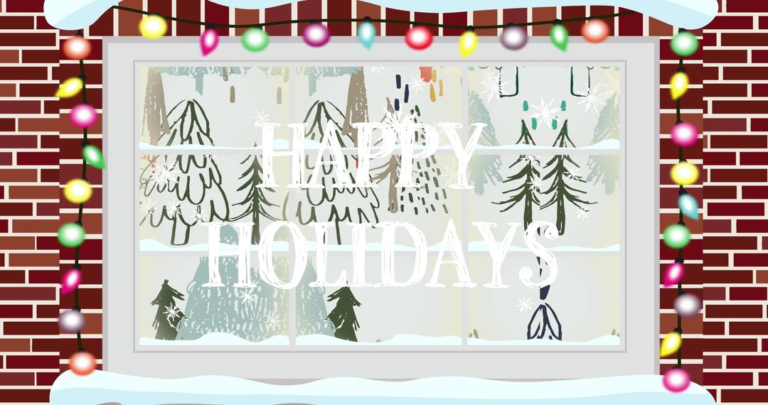 Festive Winter Holiday Window Scene with Snowy Pines