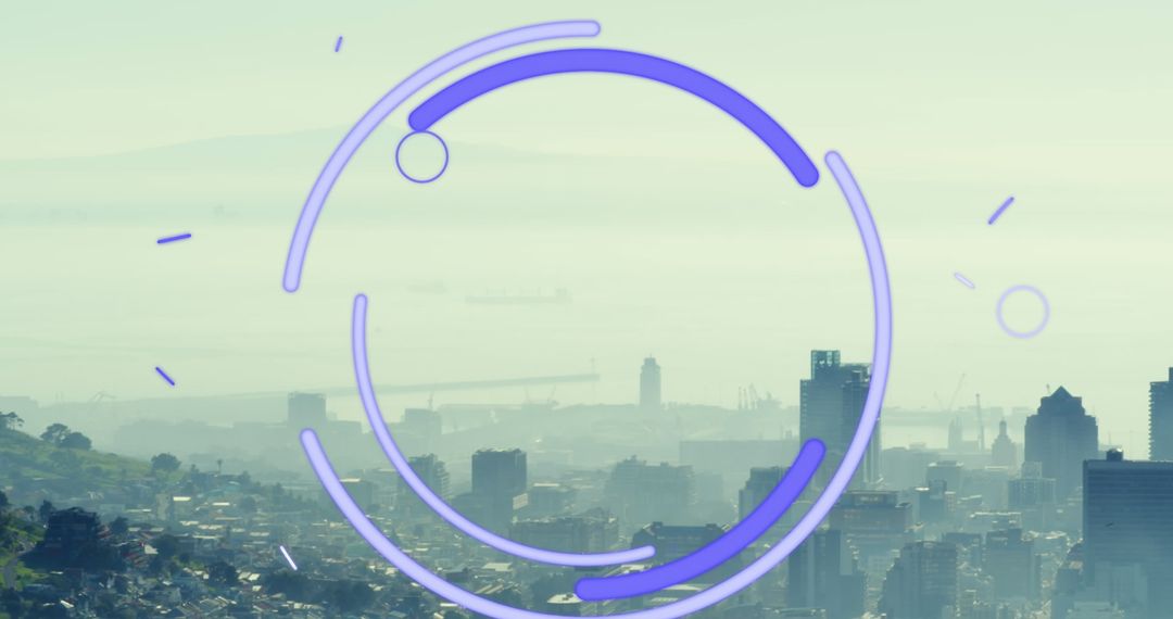 Digital Interface Visualizing Data Over City Skyline