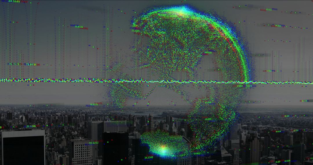 Pixelated Earth Digital Overlay on Urban Skyline Illustrating Tech Future