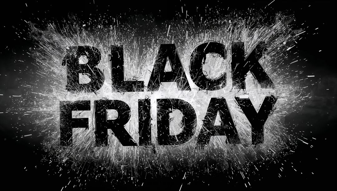 Black Friday Exploding Typography with Grunge Particle Burst and High-Contrast Monochrome
