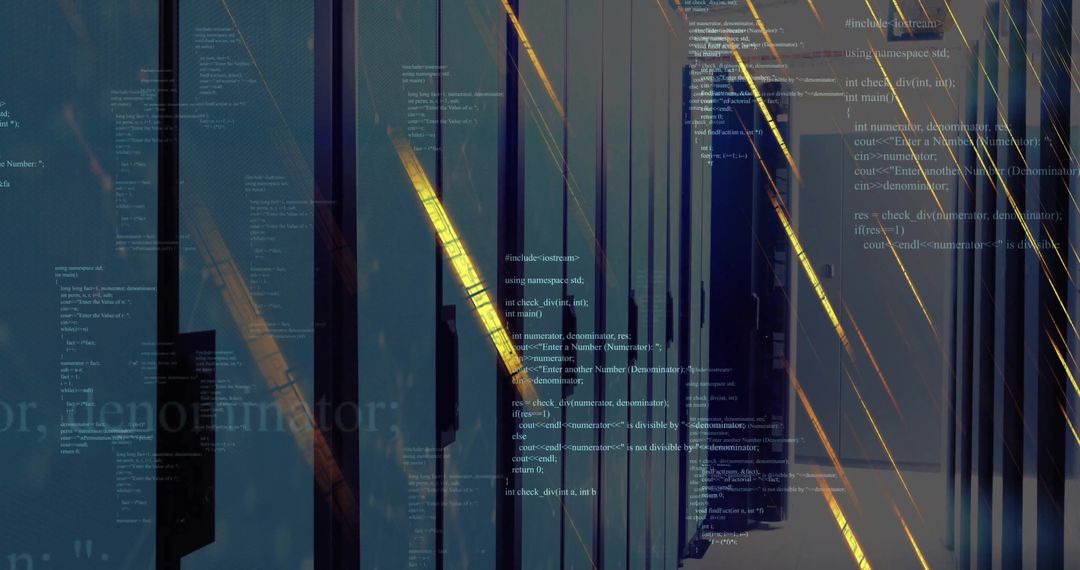 Server Room with Digital Code Overlay