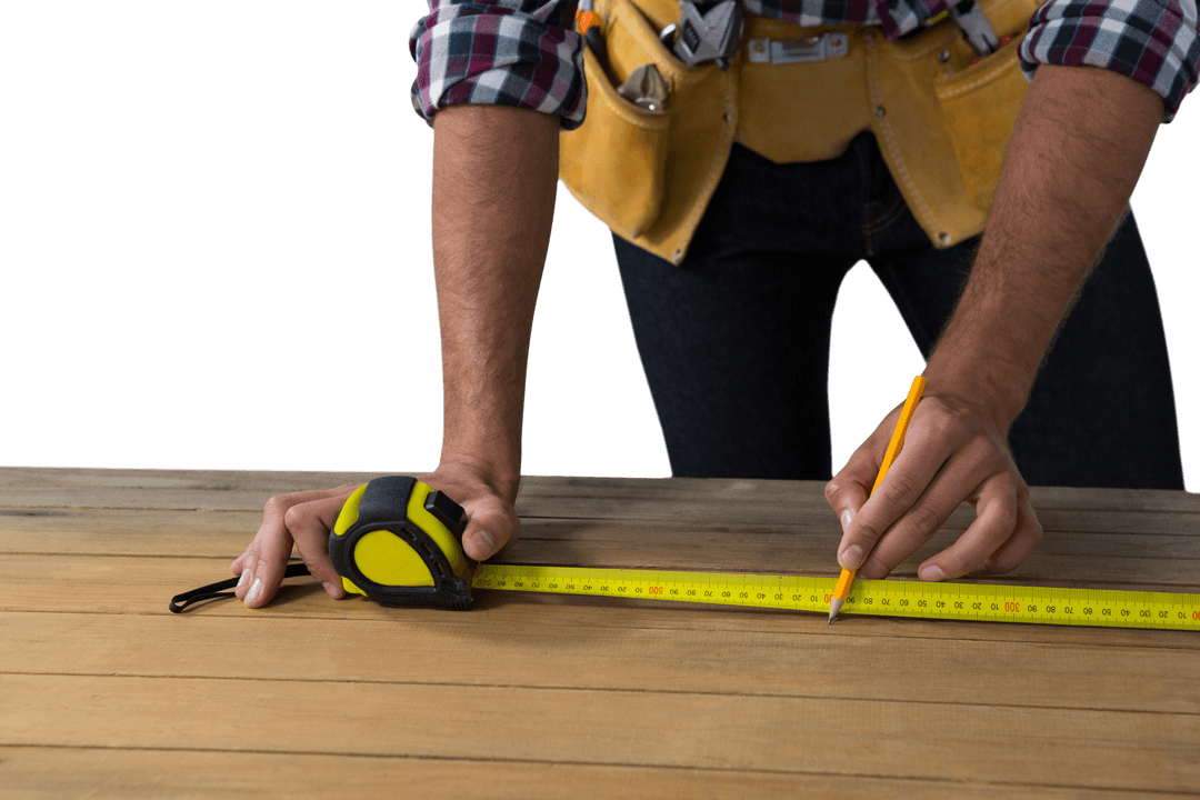 Midsection of Carpenter Measuring Wooden Plank with Tape Measure – Transparent Background