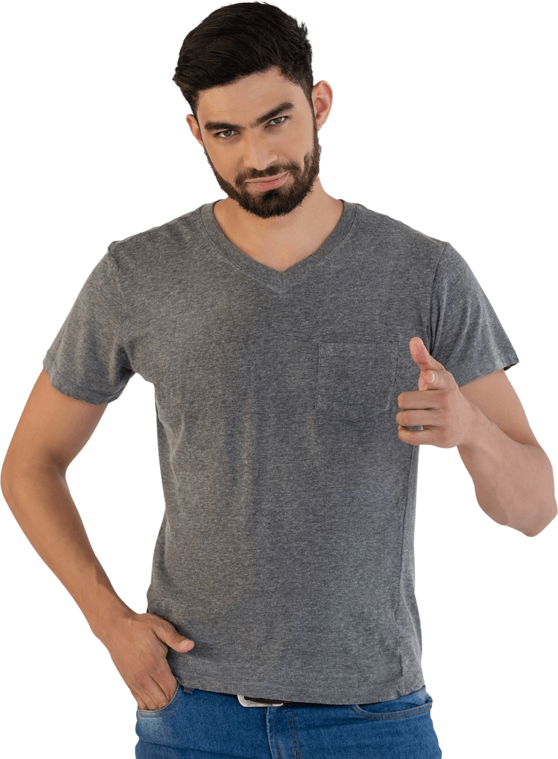 Handsome Bearded Man Posing in Casual Gray T-Shirt on Transparent Background
