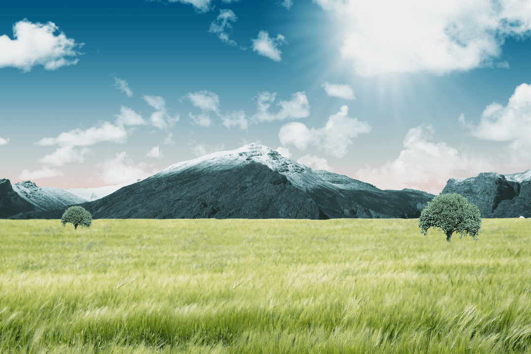 Transparent Mountain Landscape with Lush Meadow Scene