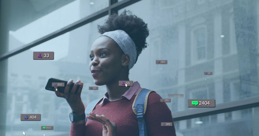 Smiling Woman Using Smartphone with Social Media Interface