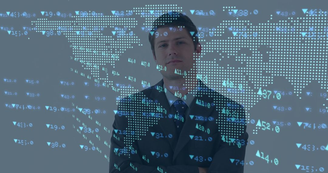Confident Businessman Overlaid with Financial Data and World Map