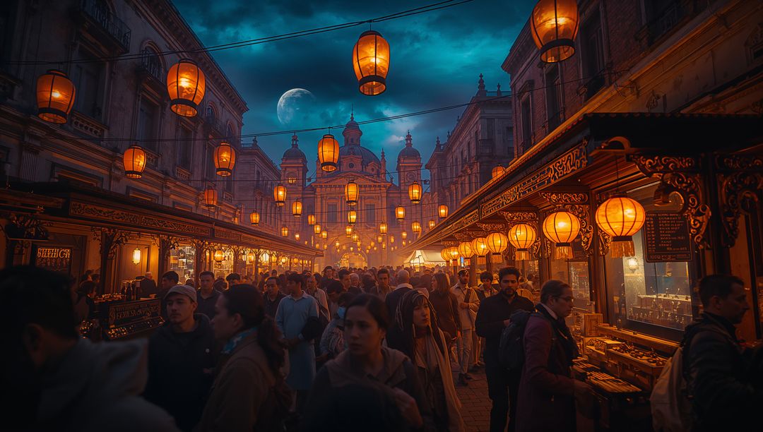 Crowded Night Market with Lanterns and Historic Church Facade
