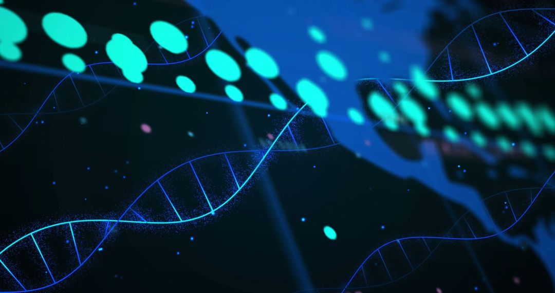 Digital DNA Strands Overlaying World Map for Global Connectivity