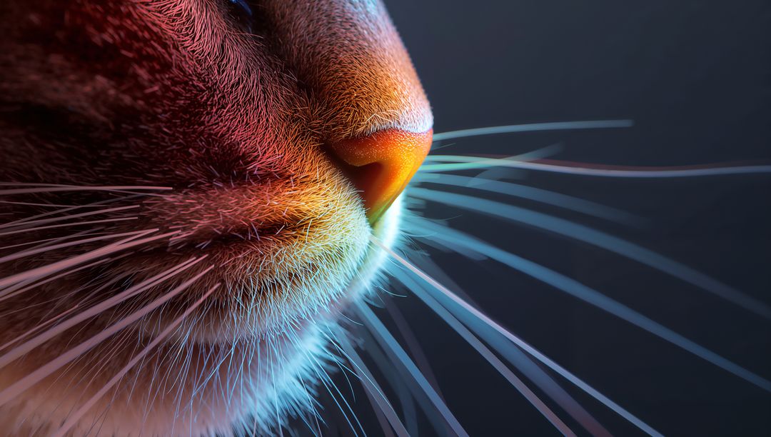 Macro Cat Muzzle under Orange-Cyan Light Showing Nose, Whiskers and Fur Texture