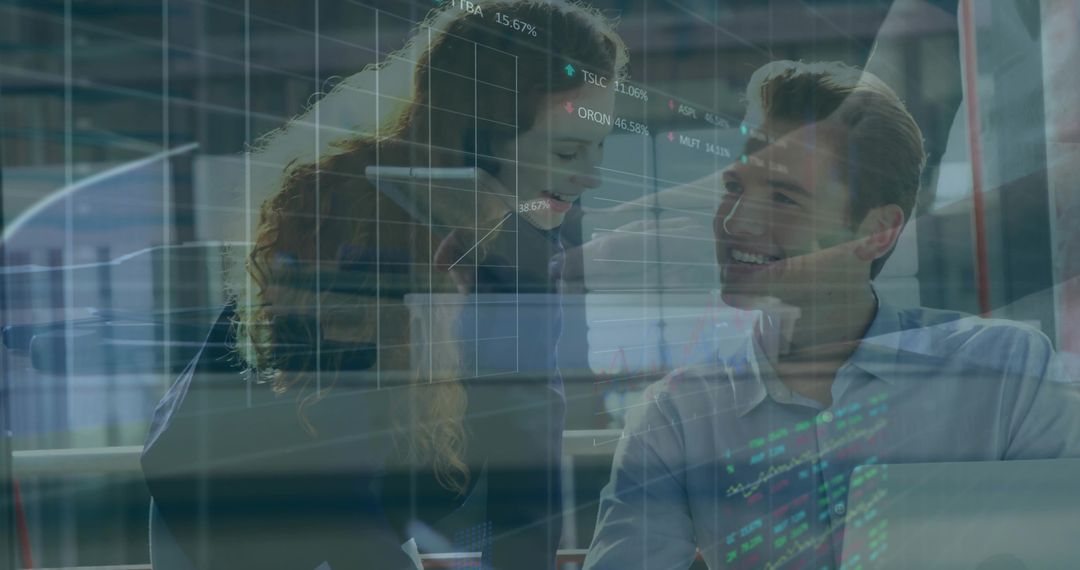 Woman guiding man analyzing live market charts on laptop double exposure teamwork fintech