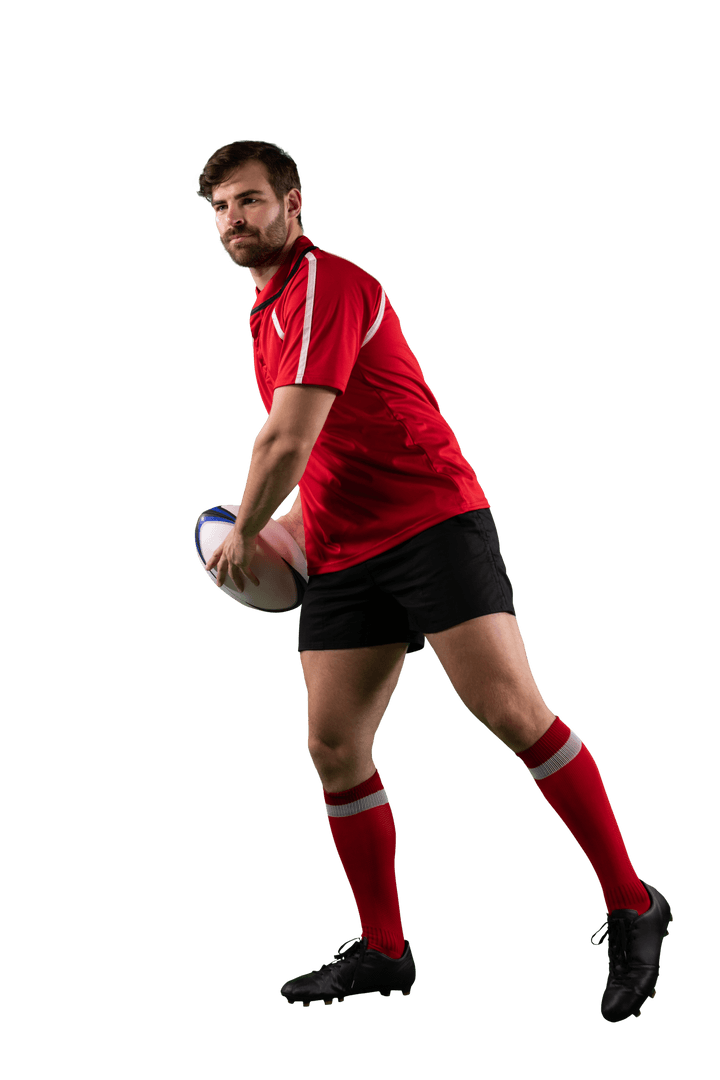 Caucasian Male Rugby Player in Action with Rugby Ball on Transparent Background