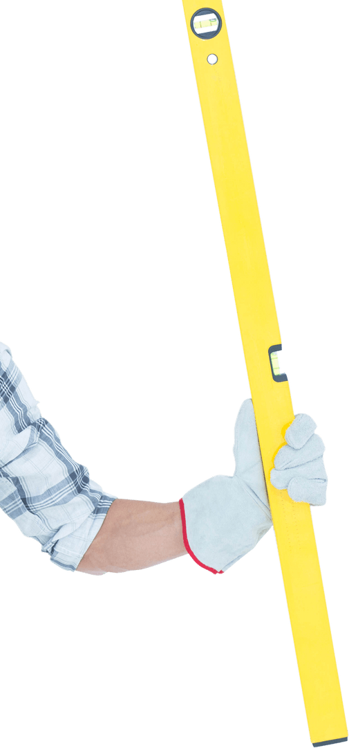 Hand wearing gloves holding yellow transparent level tool