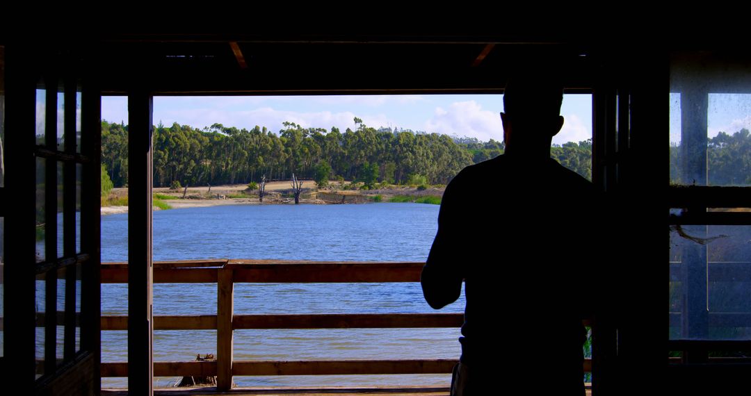 Silhouette of Man Standing in Cabin over Lake with Forest View - Free Images, Stock Photos and Pictures on Pikwizard.com