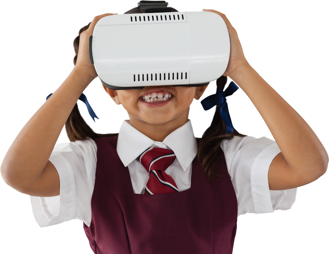 Smiling Schoolgirl Experiencing Virtual Reality with Transparent Headset - Download Free Stock Images Pikwizard.com