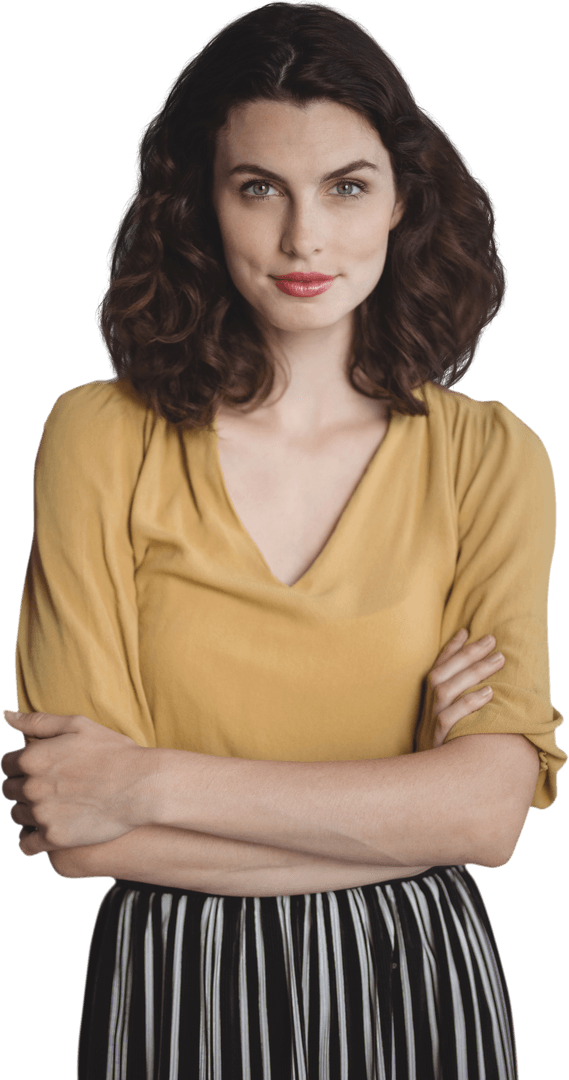 Confident Woman with Brown Curls in Yellow Top Transparent Background