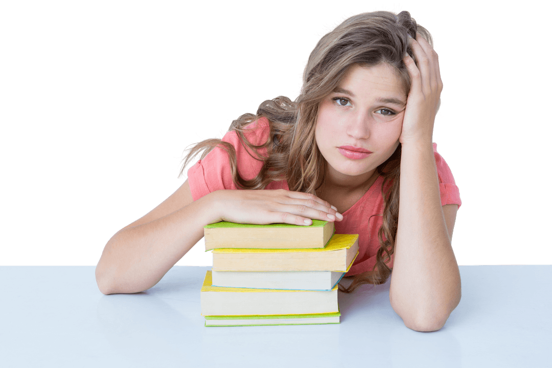 Exhausted Student Resting on Books Transparent Background