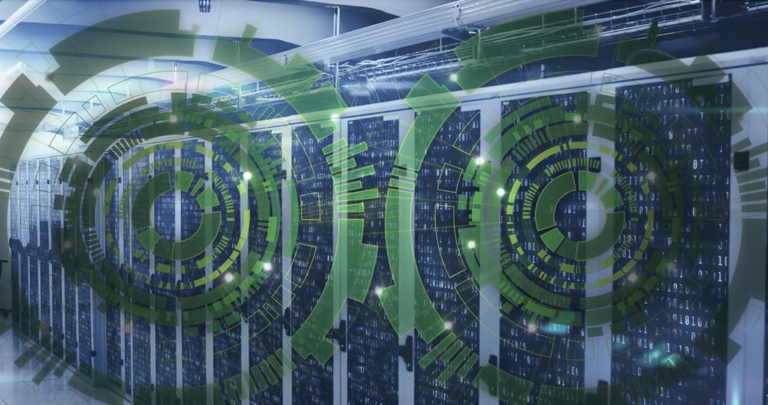 Futuristic Digital Interface Over Server Racks in Data Center