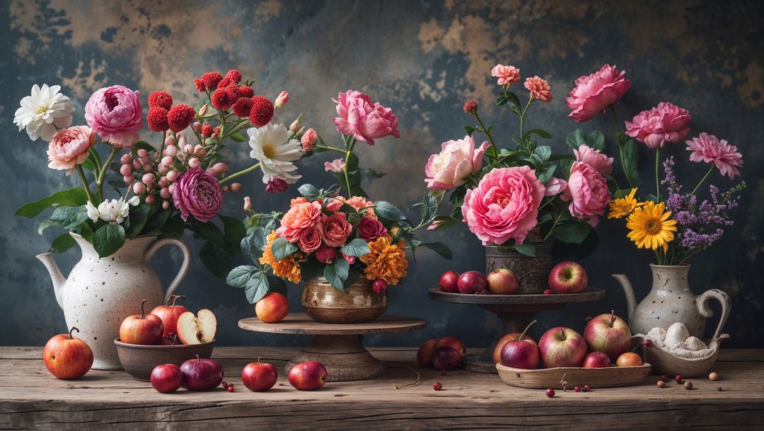 Rustic Still-Life Botanical Arrangement with Fruits