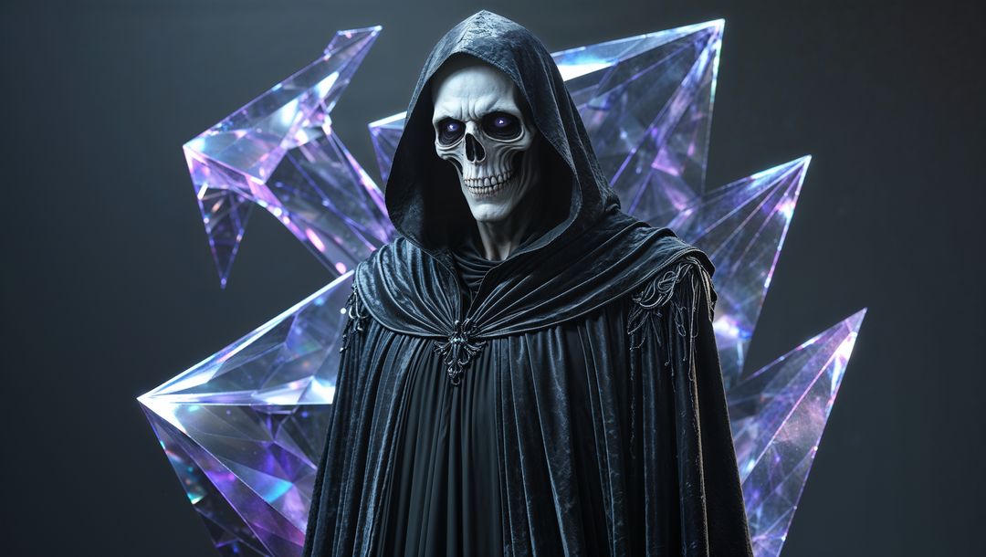 Mystical skeletal grim reaper with crystalline shards in ethereal realm