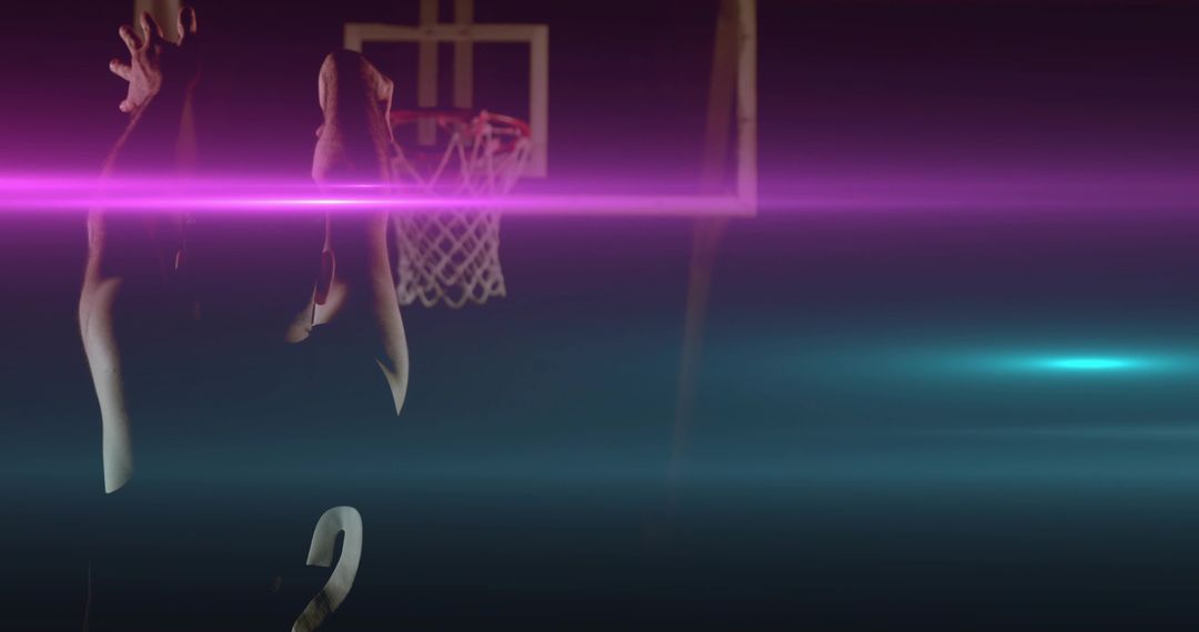 Basketball Player Shooting for Hoop with Neon Light Streaks