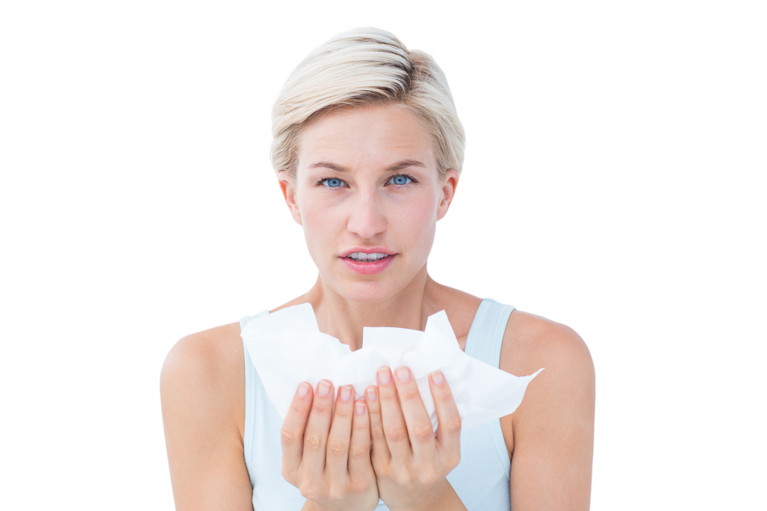 Transparent Background: Sick Woman Holding Tissues Looking at Camera - Download Free Stock Images Pikwizard.com