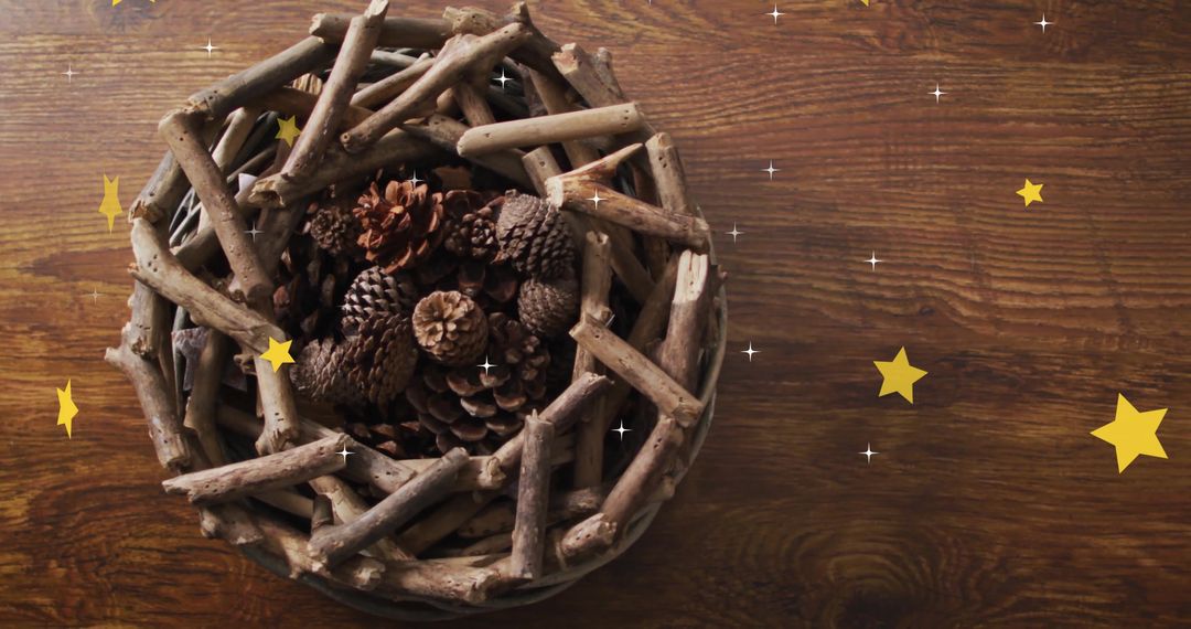 Rustic Autumn Wreath with Pinecones and Festive Stars on Wooden Surface