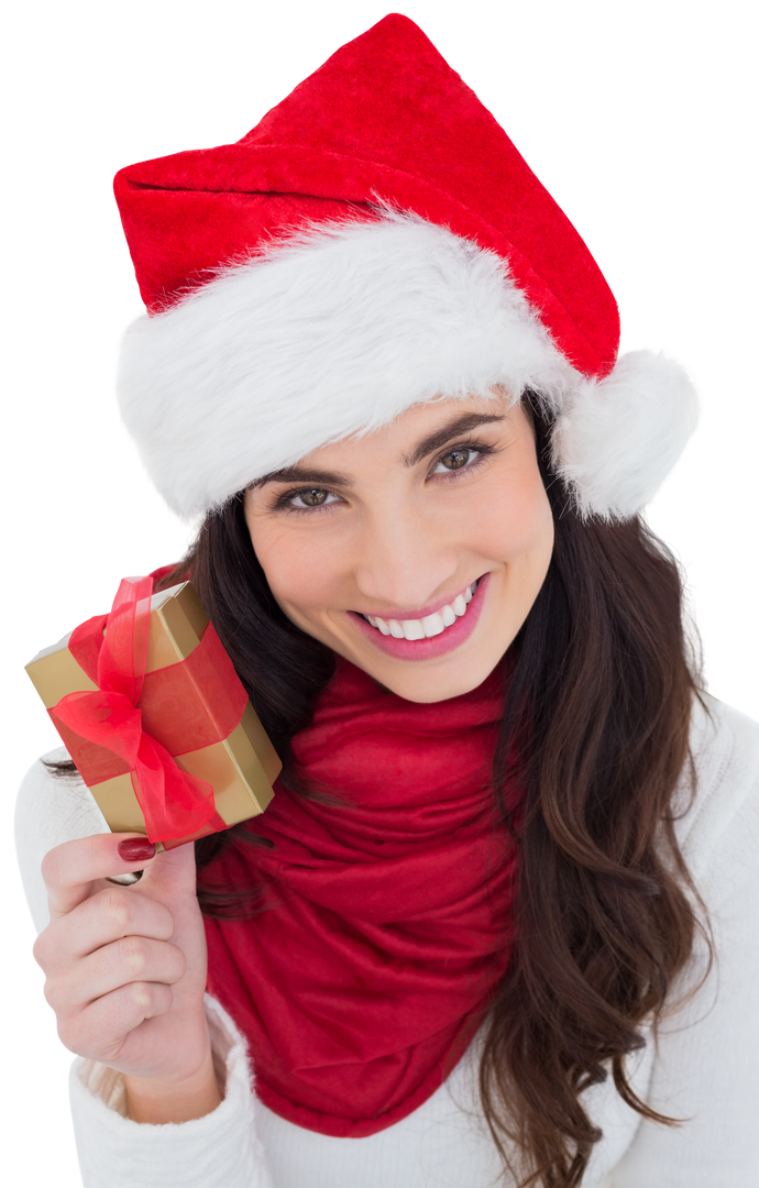 Happy Woman in Santa Hat Holding Christmas Gift Transparent Background - Download Free Stock Images Pikwizard.com