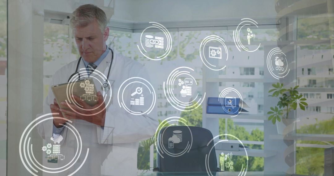 Doctor Utilizing Tablet with Digital Interface in Modern Office