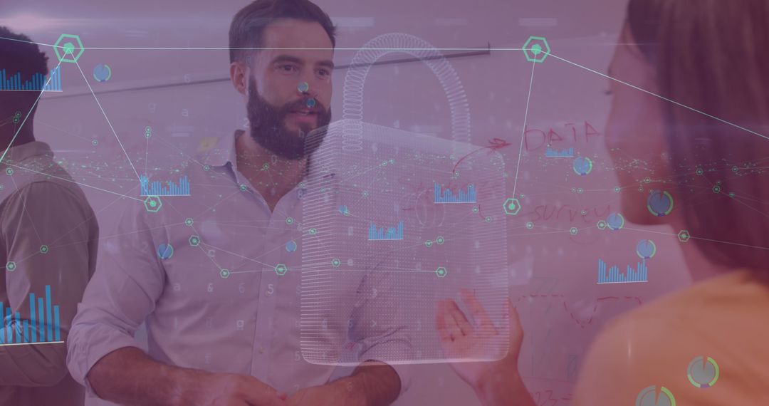 Diverse Team Collaborating on Futuristic Digital Security Project