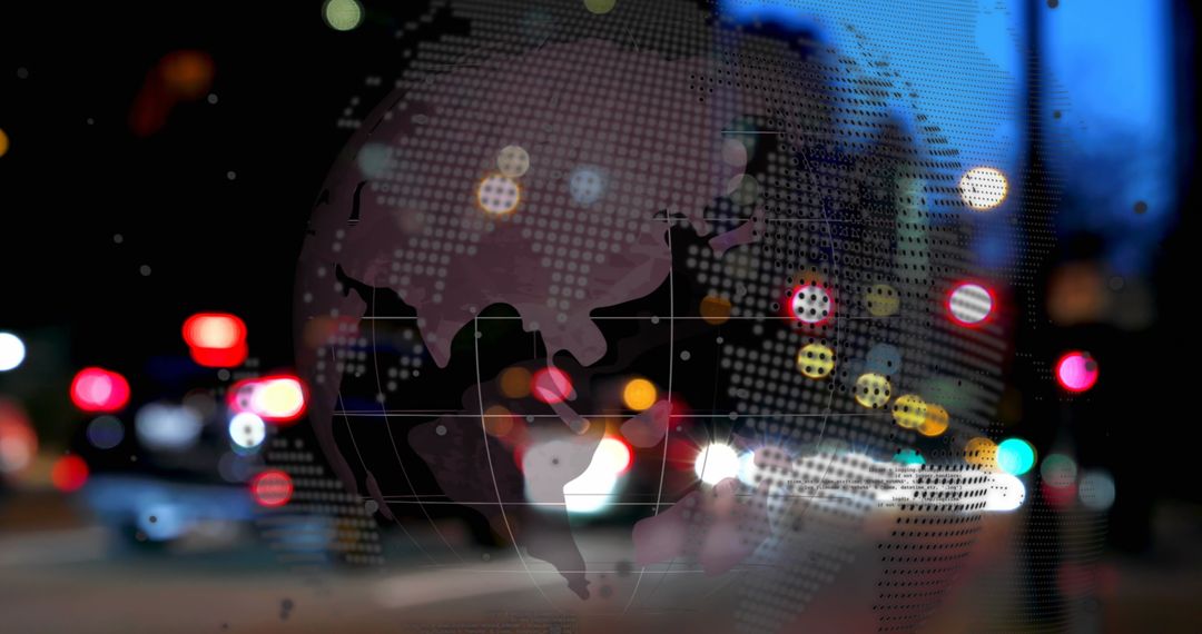 Digital globe overlay in vibrant night cityscape with bokeh
