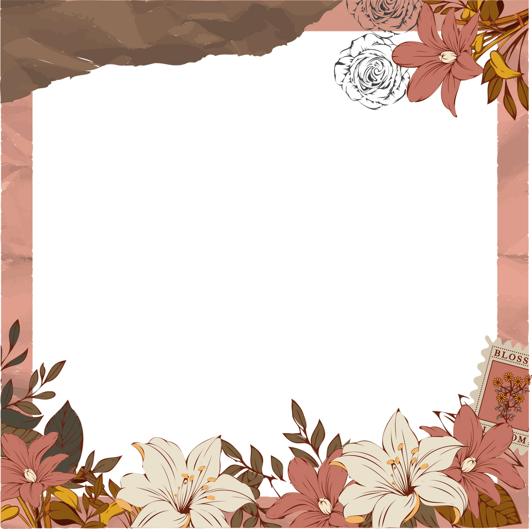 Floral Frame with Torn Vintage Edge and Lilies Transparent Background