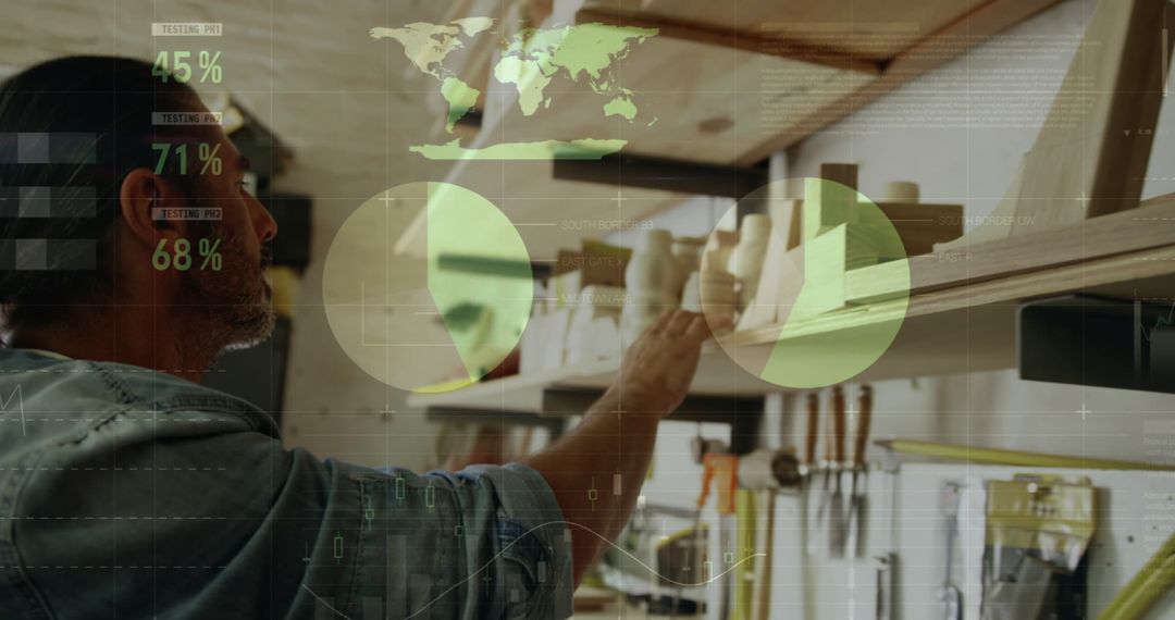 Carpenter Organizing Tools Amidst Digital Data Interface