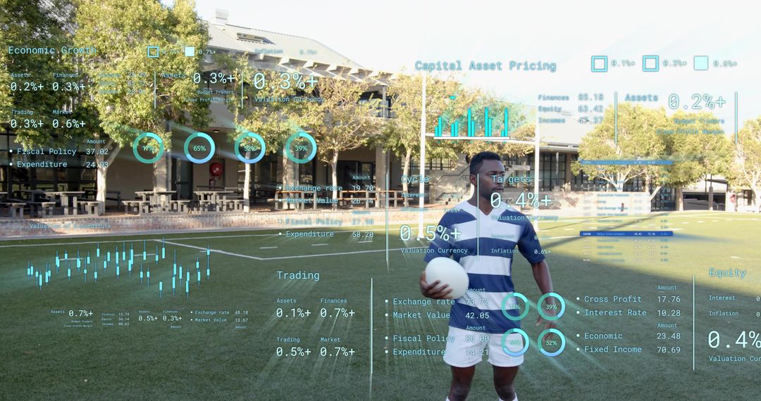 Standing athlete holding ball on campus field with augmented reality analytics overlay