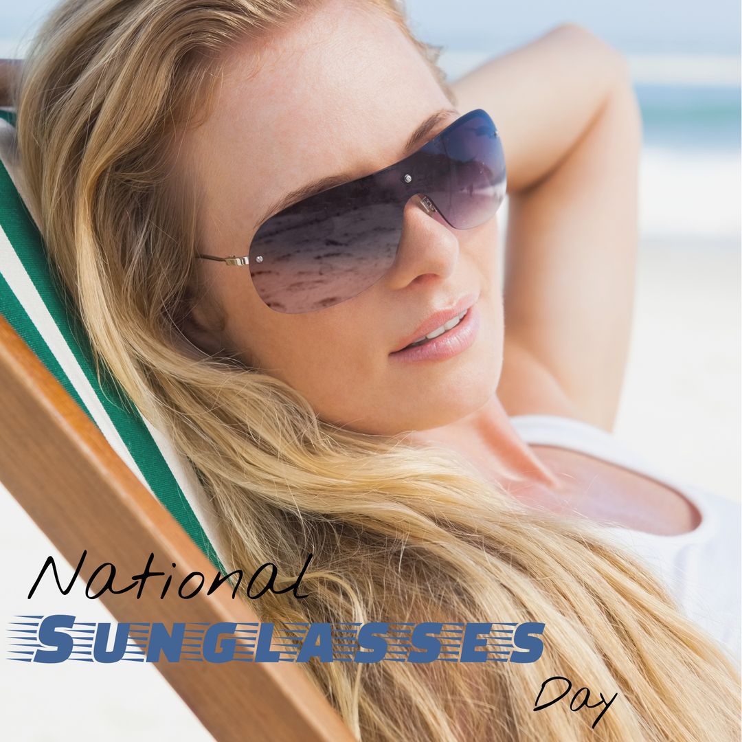 Woman Wearing Sunglasses Relaxing on Beach for Sunglasses Day