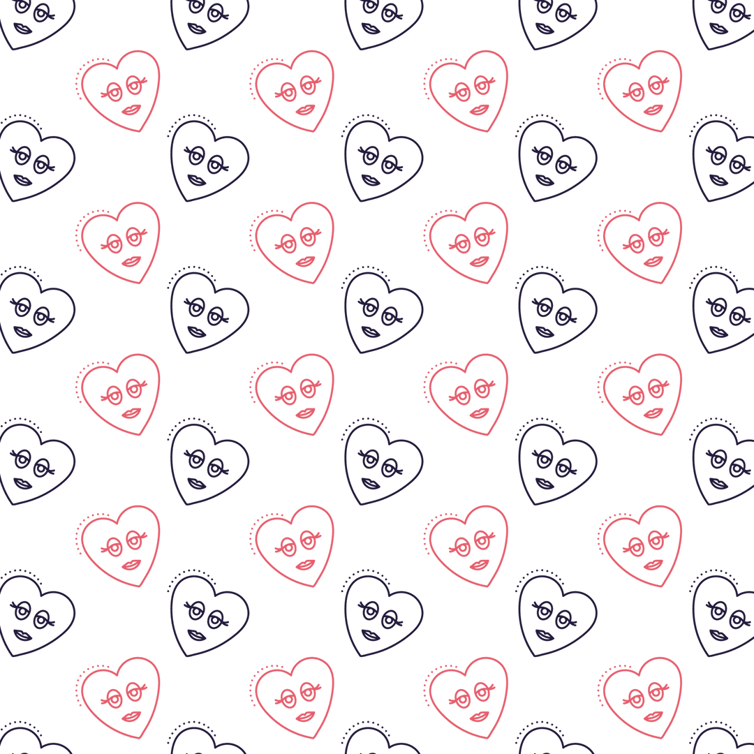 Cute Heart Patterns with Faces on Transparent Background