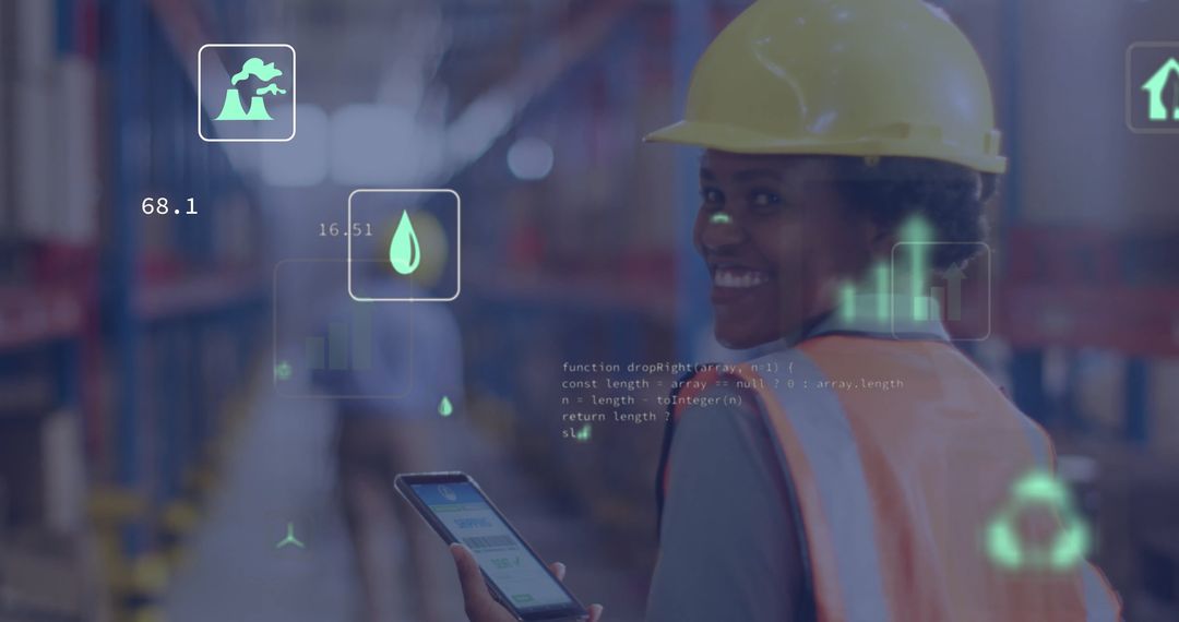 Smiling Engineer Using Digital Tablet in Modern Warehouse