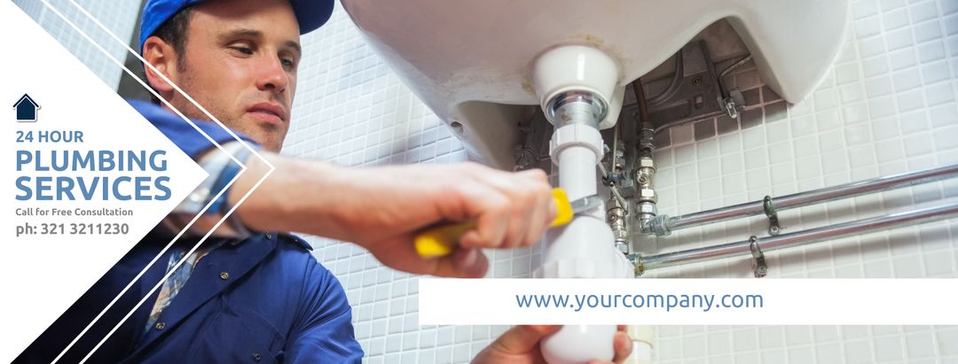 Professional Plumber Working Under Sink for Emergency Repairs Advertisement - Download Free Stock Templates Pikwizard.com