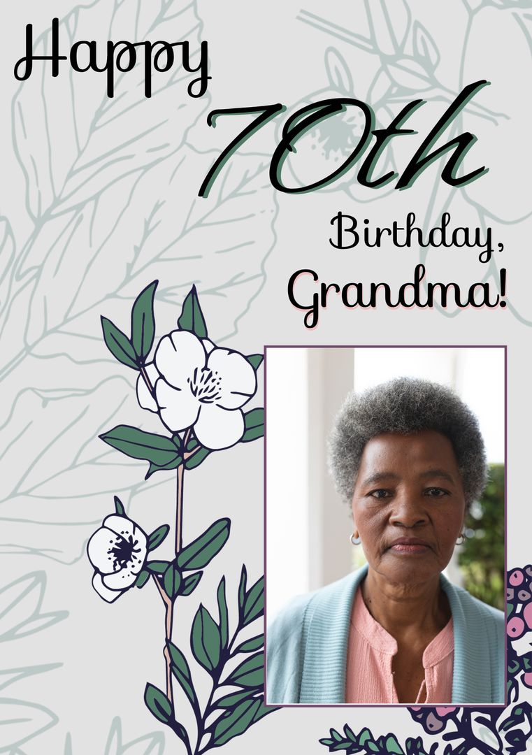 70th Birthday Card for Grandmother with Floral Design and Portrait - Download Free Stock Templates Pikwizard.com