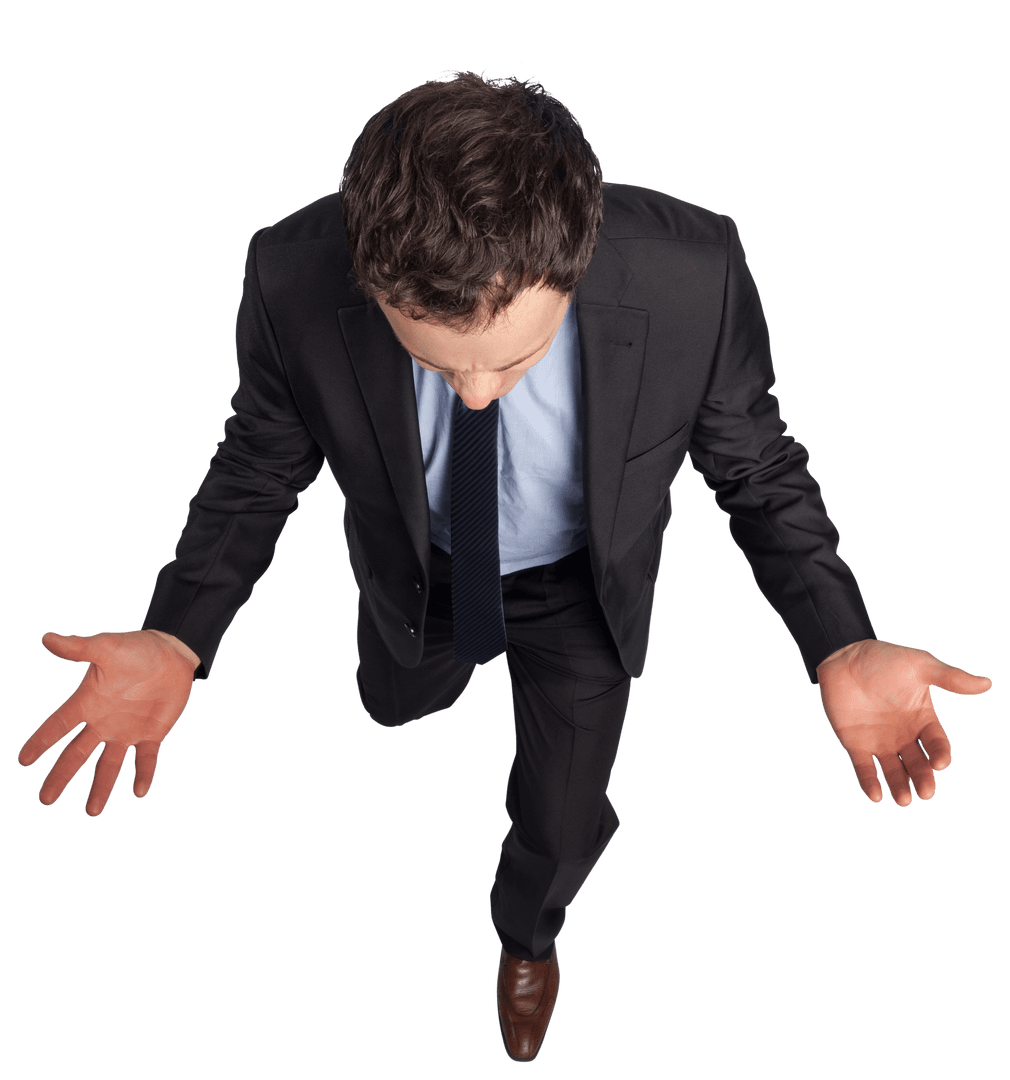 Transparent Businessman Gesturing Confusion with Open Arms