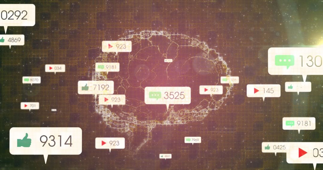 Glowing Brain Network with Digital Notifications on Grid Background