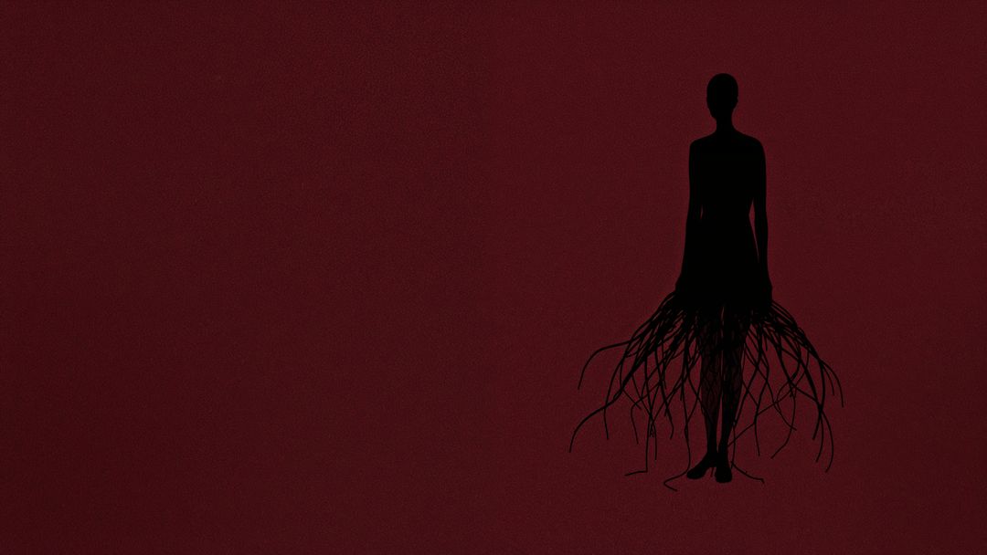 Silhouette with Root-Like Tendril Skirt on Maroon Background