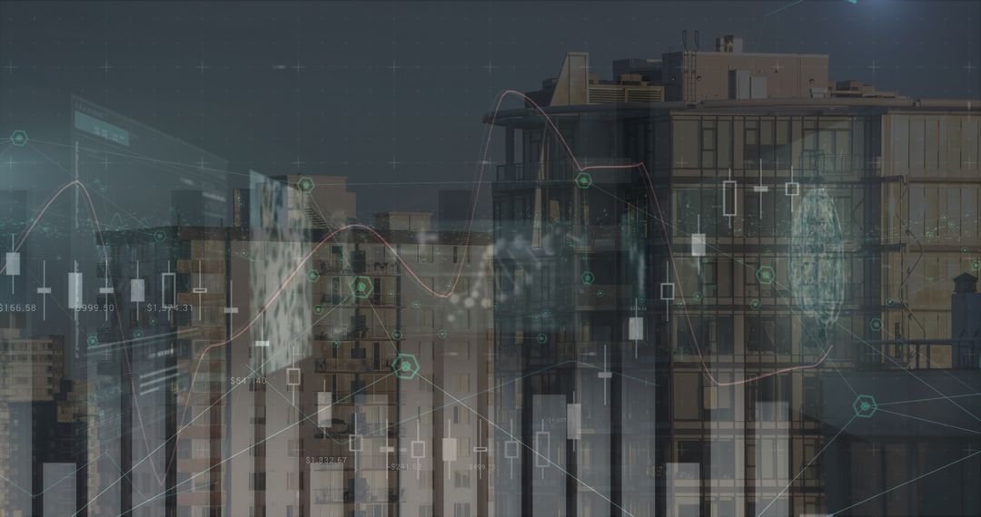 Digital Financial Data Overlay on Cityscape Highlighting Global Market Trends