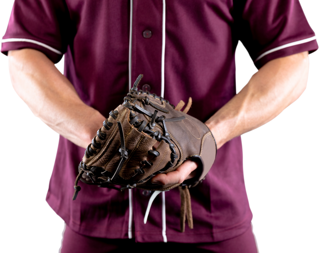 Caucasian Male Baseball Player in Maroon Uniform with Mitt on Transparent Background - Download Free Stock Images Pikwizard.com