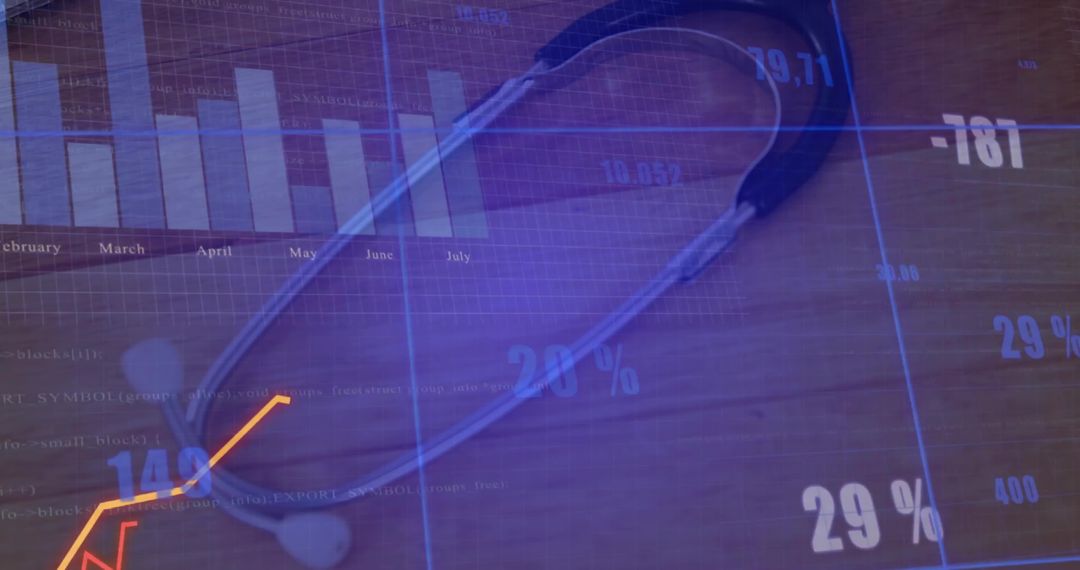 Stethoscope with Healthcare Data Visualization on Wooden Desk