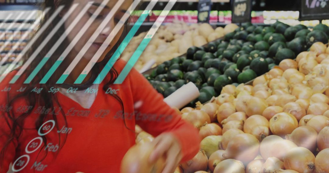 Woman Choosing Onions with Data Overlay in Supermarket