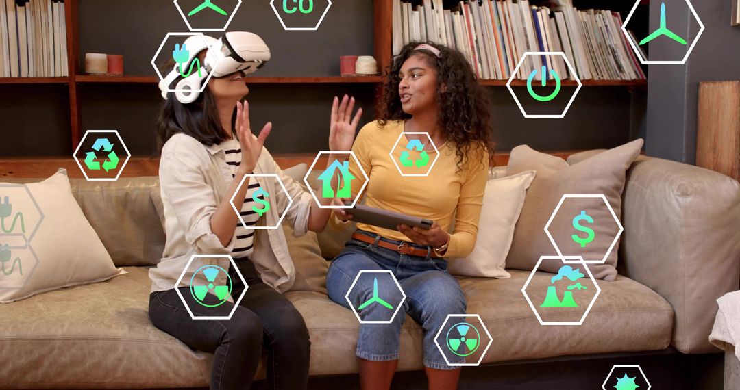 Women Exploring Augmented Reality Energy Icons Using VR Headset and Tablet on Couch