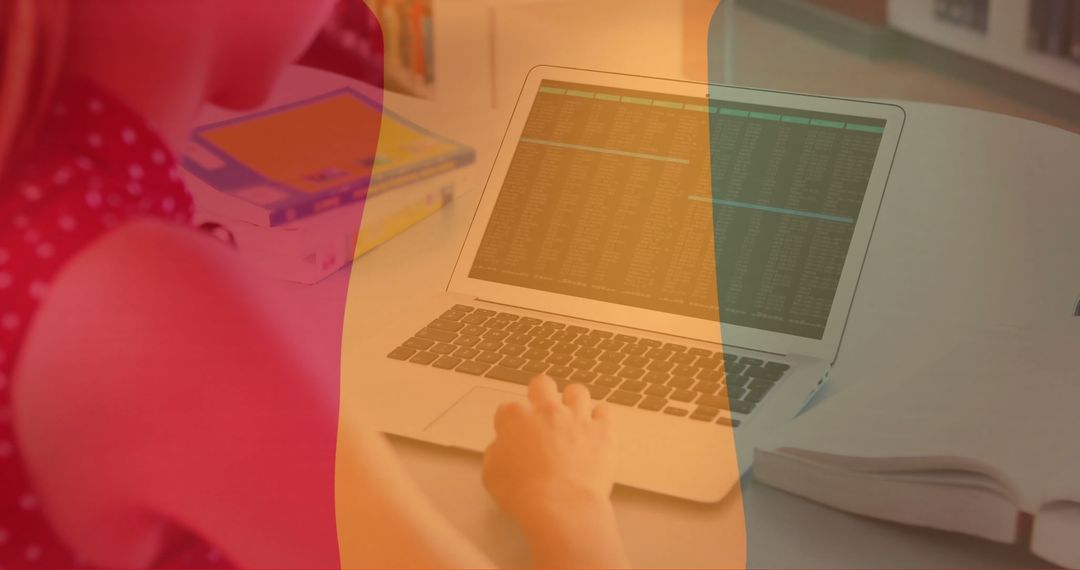 Guinea Flag Overlay with Woman Analyzing Data on Laptop