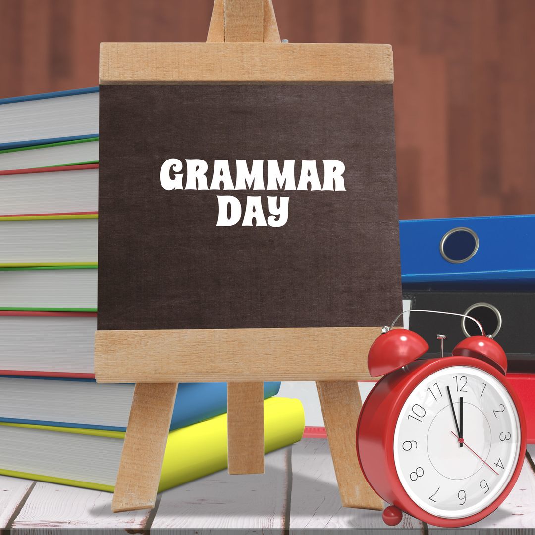 grammar day concept with desk clock and books - Download Free Stock Images Pikwizard.com